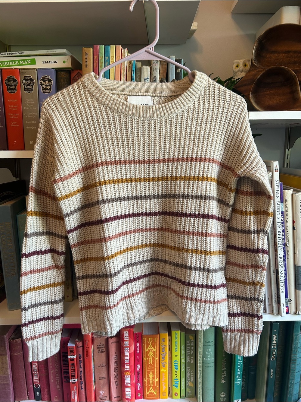 Pink Rose Cream Ribbed Crewneck Sweater with Multicolor Stripes